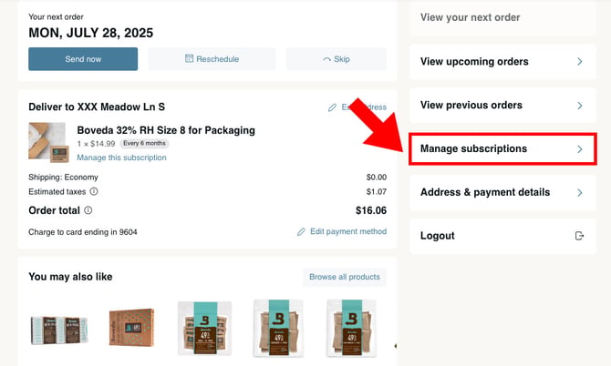 Screenshot with "manage subscriptions" highlighted in the right hand side of the screen.